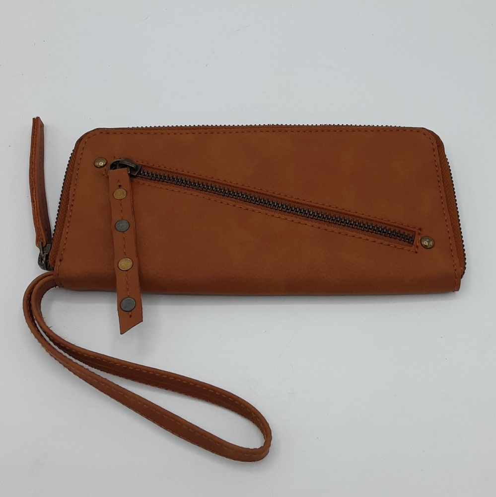 Free People Brown Vegan Wristlet Clutch.
